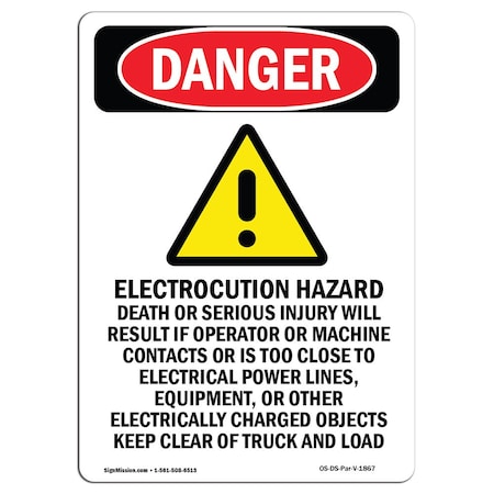Signmission Safety Sign, OSHA Danger, 18" Height, Rigid Plastic, Electrocution Hazard, Portrait OS-DS-P-1218-V-1867